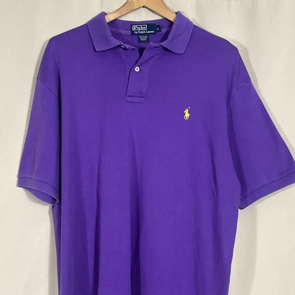 Polo Ralph Lauren Mens L Purple Polo Shirt Yellow Pony Cotton Preppy Heritage